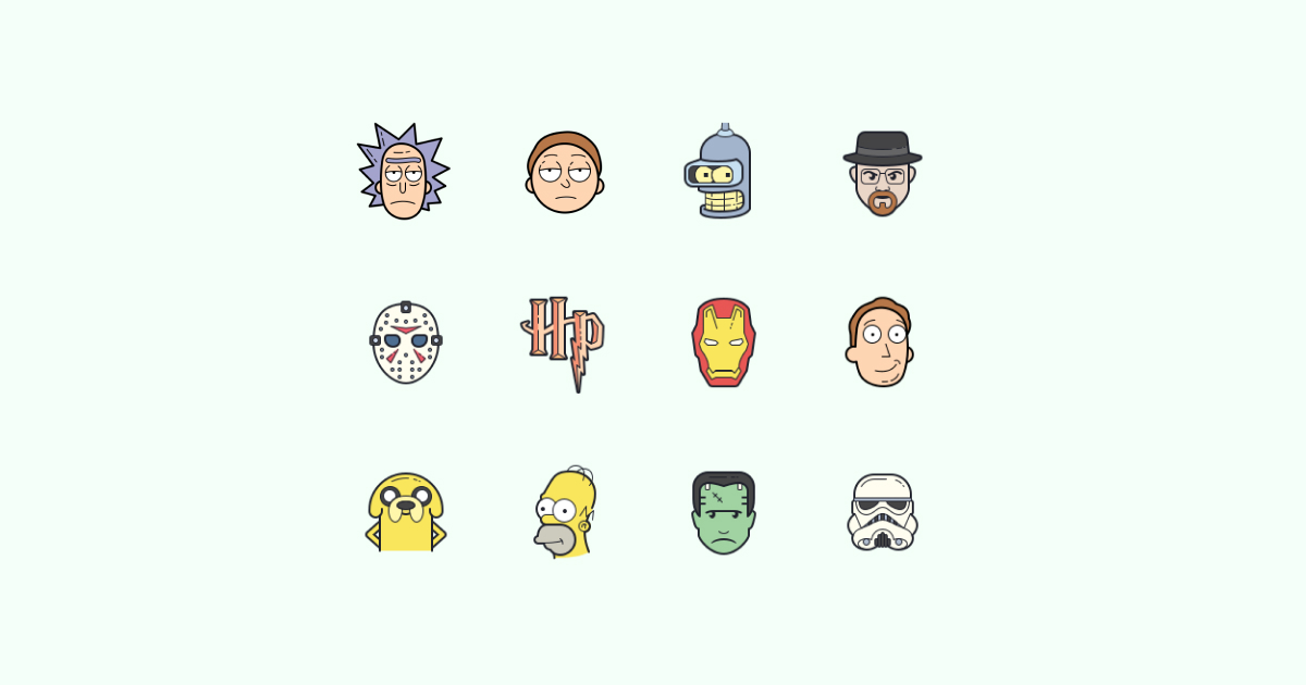 Geek Pride Day icons set on green background: Rick and Morty, Bender, Walter White, Jason Voorhees, Harry Potter symbol, iron man, Jerry Smith, Jake, Homer Simpson, Stormtrooper, Frankenstein