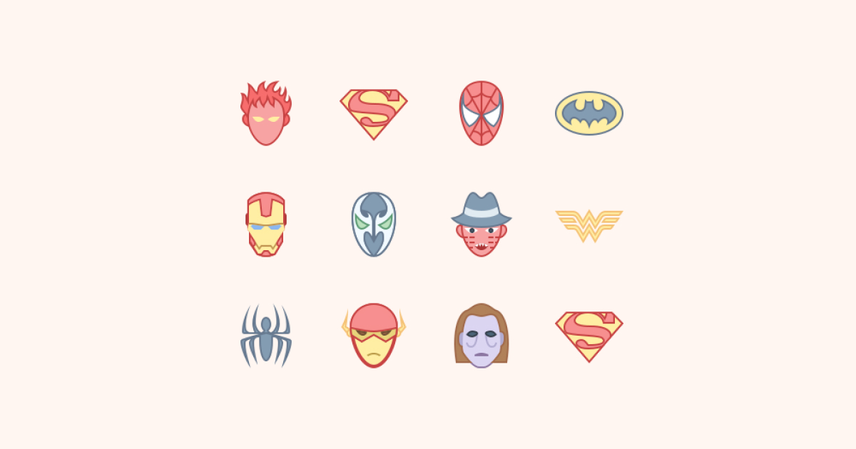 Geek Pride Day icons set on a light yellow background: Human Torch, Superman logo, Spider-man, Batman logo, Iron Man, Wonder Woman, The Flash Head