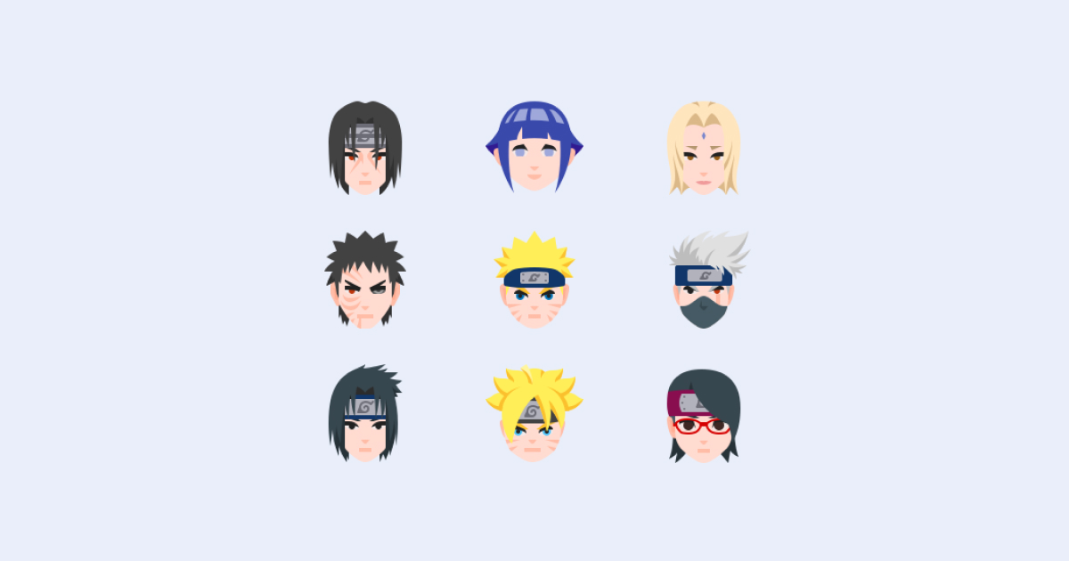 Geek Pride Day Naruto icons set on a light purple background: Naruto, Hinata, Tsunade, Sasuke Uchiha, Kakashi Hatake