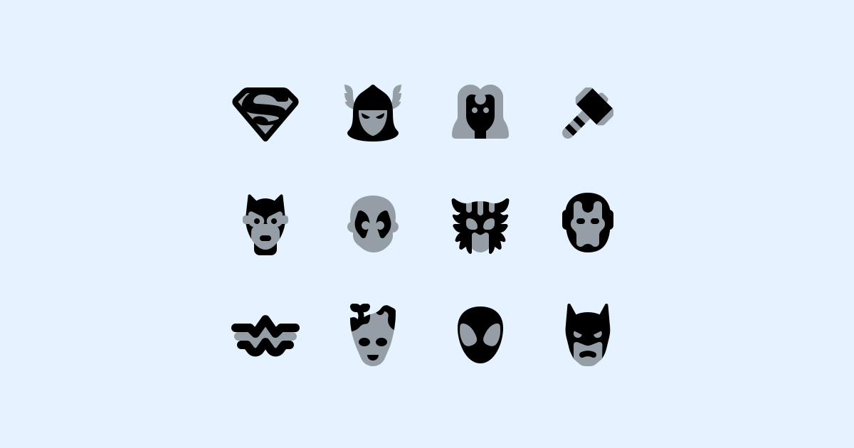 Geek Pride Day icons set on a light blue background: Superman logo, Iron Man, Thor, Spiderman, Batman, Groot, Deadpool