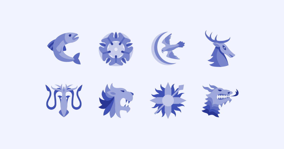 Geek Pride Day Game of Thrones icons set on a light purple background: House Stark, Arryn House, Tyrell House, Tully House, Martell House, Greyjoy House, Targaryen House