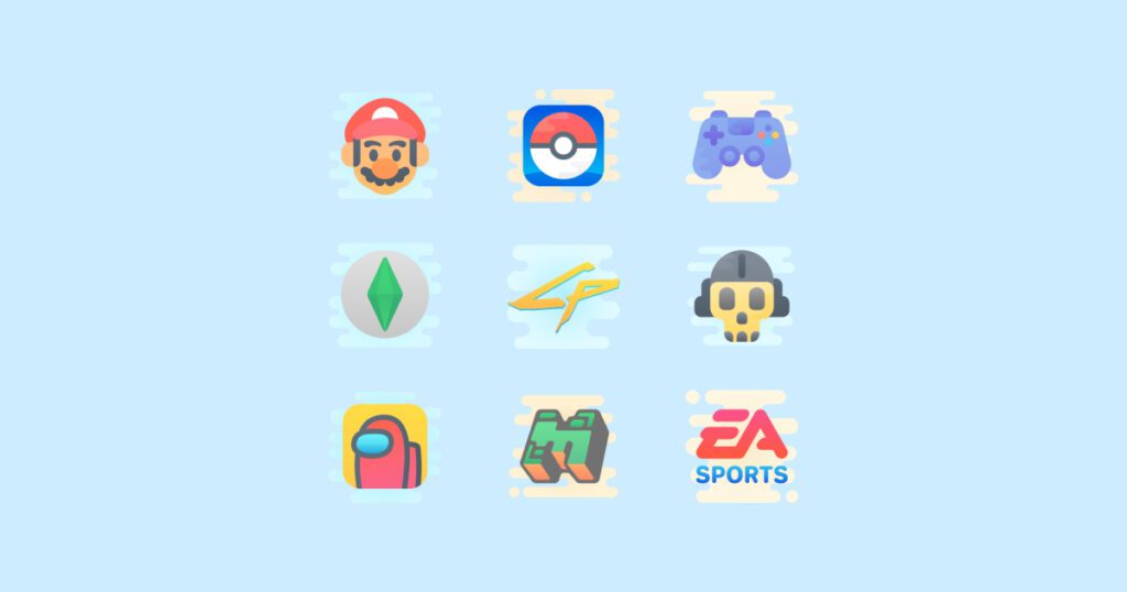 Geek Pride Day icons set on a light blue background: Ea Sports, Super Mario, The Sims 4 App, Game Controller, Minecraft Logo, Call Of Duty Warzone, Pokemon