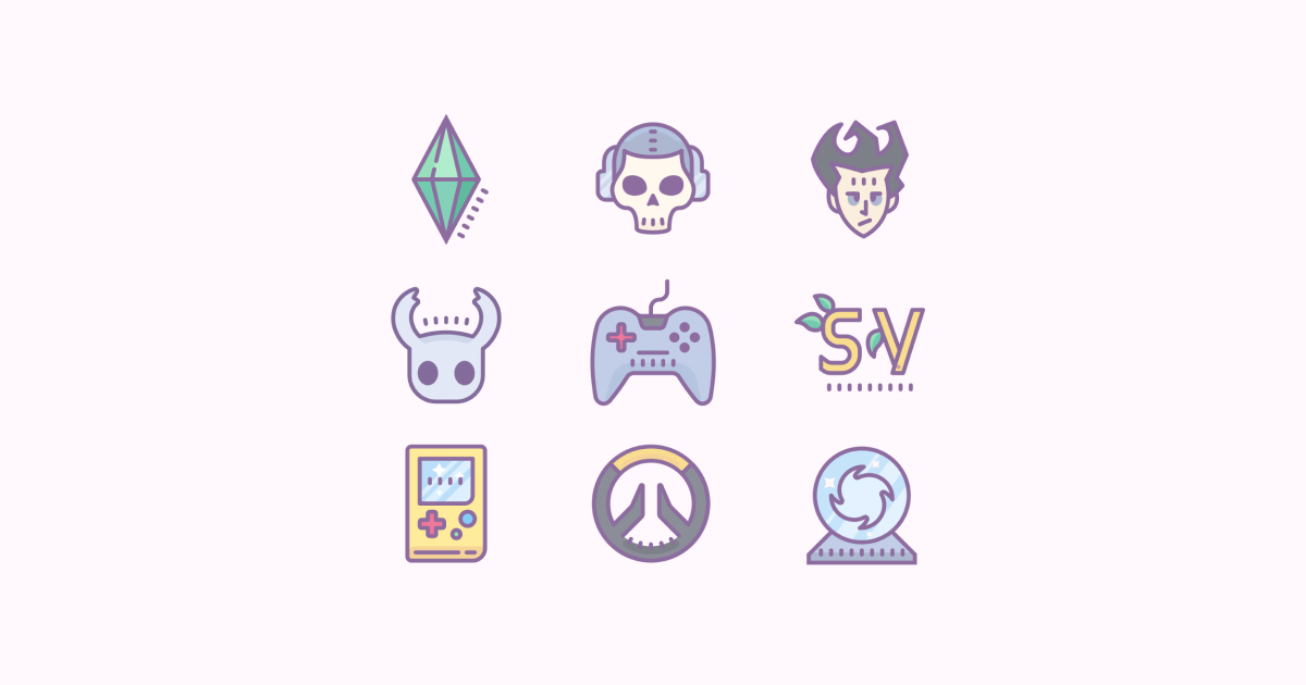 Geek Pride Day icons set on light red background: The sims, Portal, game controller, Stardew Valley, Call Of Duty Warzone, overwatch