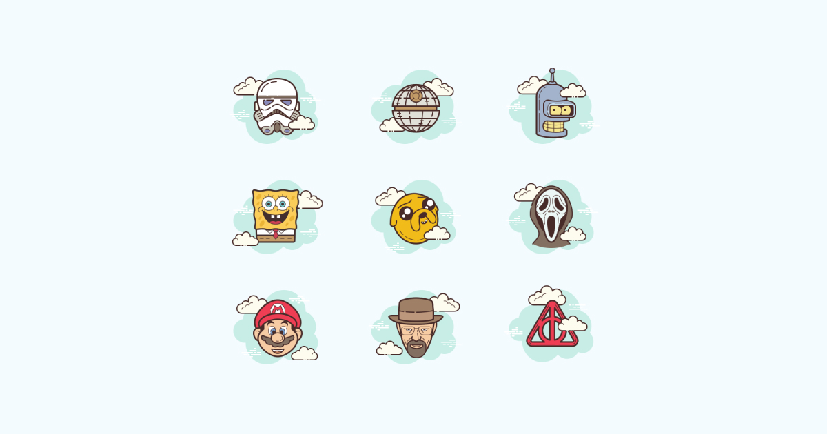 Geek Pride Day icons set on light blue background: Bender, Walter White, Jake, Spongebob Squarepants, Super Mario, Scream, Stormtrooper, Death Star