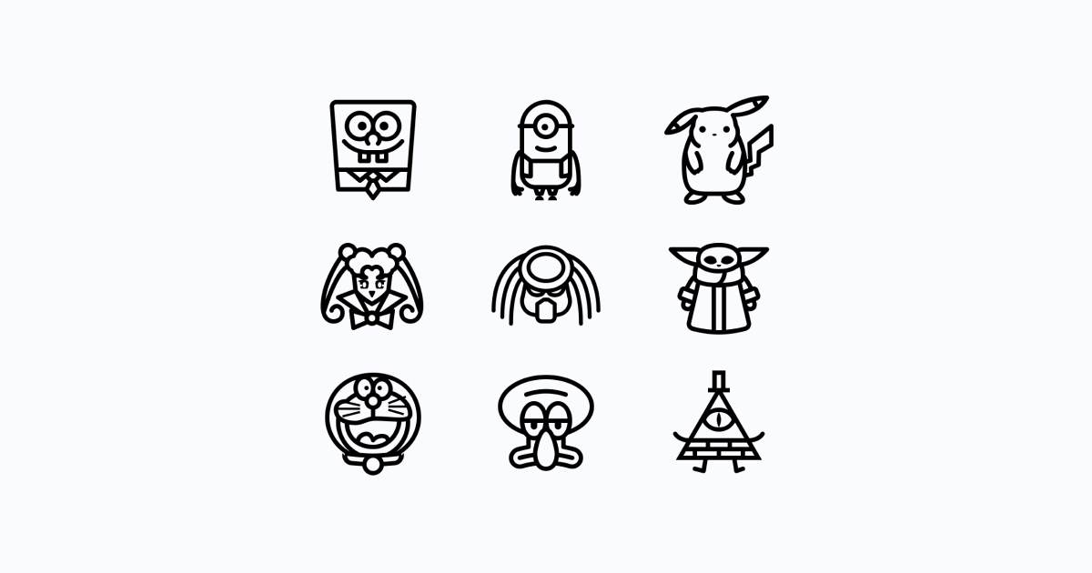 Geek Pride Day icons set on a light grey background: Minion, Sailor Moon, Spongebob Squarepants, Predator, Baby Yoda, Squidward Tentacles, Doraemon, Pikachu