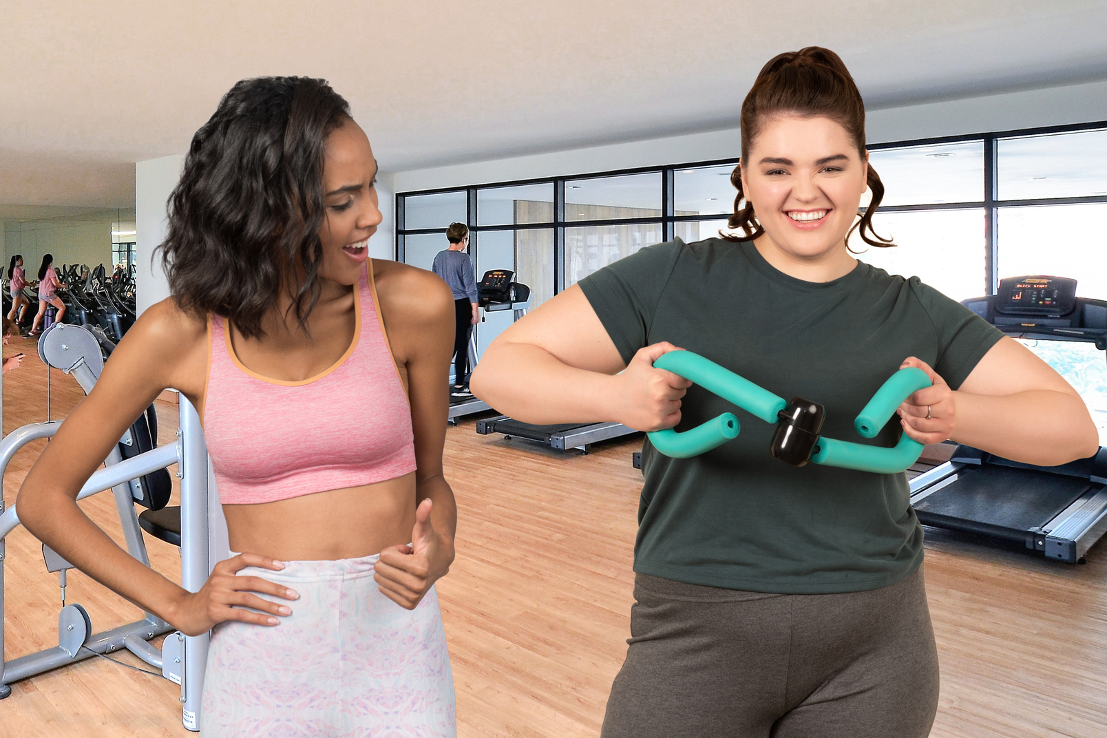 two girls are engaged in the gym: one unbends the sports trainer, the second shows a thumbs up