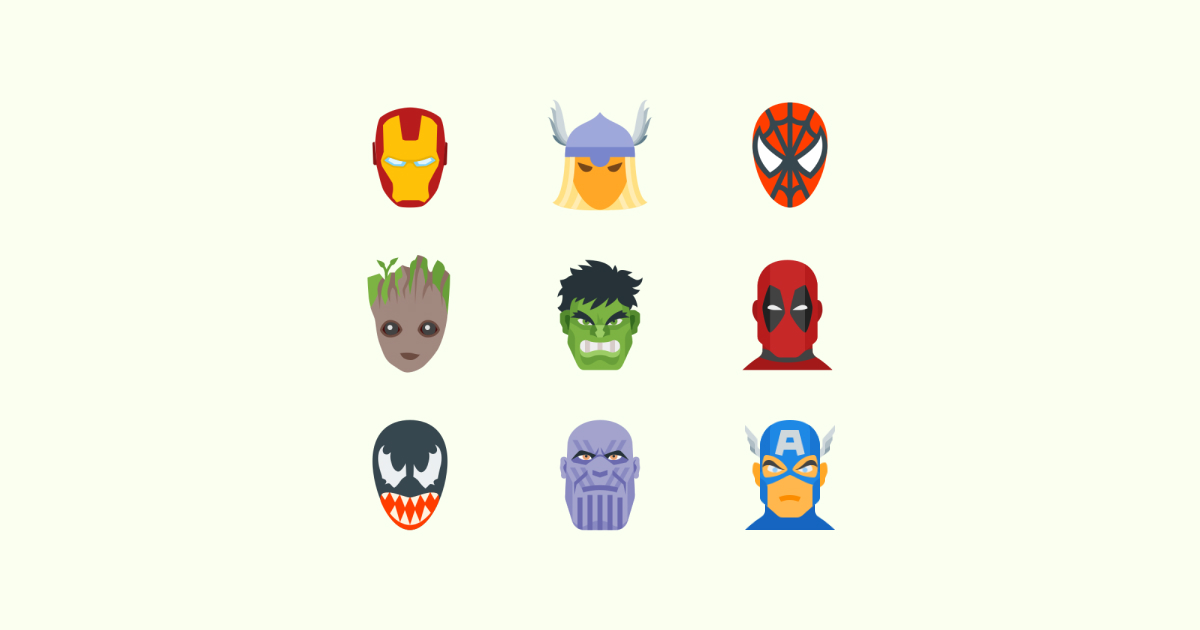 Geek Pride Day icons set on light green background: iron man, halk, venom, spiderman, Tor, captain america