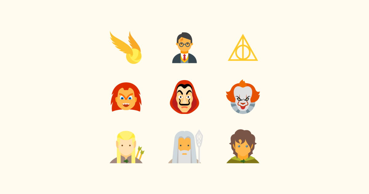 Geek Pride Day icons set on yellow red background: Golden Snitch, Harry Potter, Deathly Hallows symbol, Money Heist Dali, Chucky, Pennywise, Legolas, Gandalf The Grey, Frodo