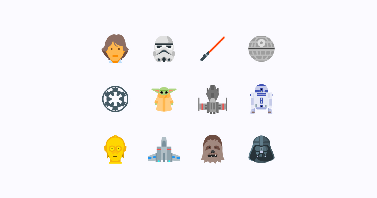 Geek Pride Day Star Wars icons set on a light purple background: Luke Skywalker, Stormtrooper, Lightsaber, Death Star, Empire, Baby Yoda, Star Wars Rebellion Ship, R2-D2, C-3PO, T-65B X-Wing Starfighter, Chewbacca, Darth Vader