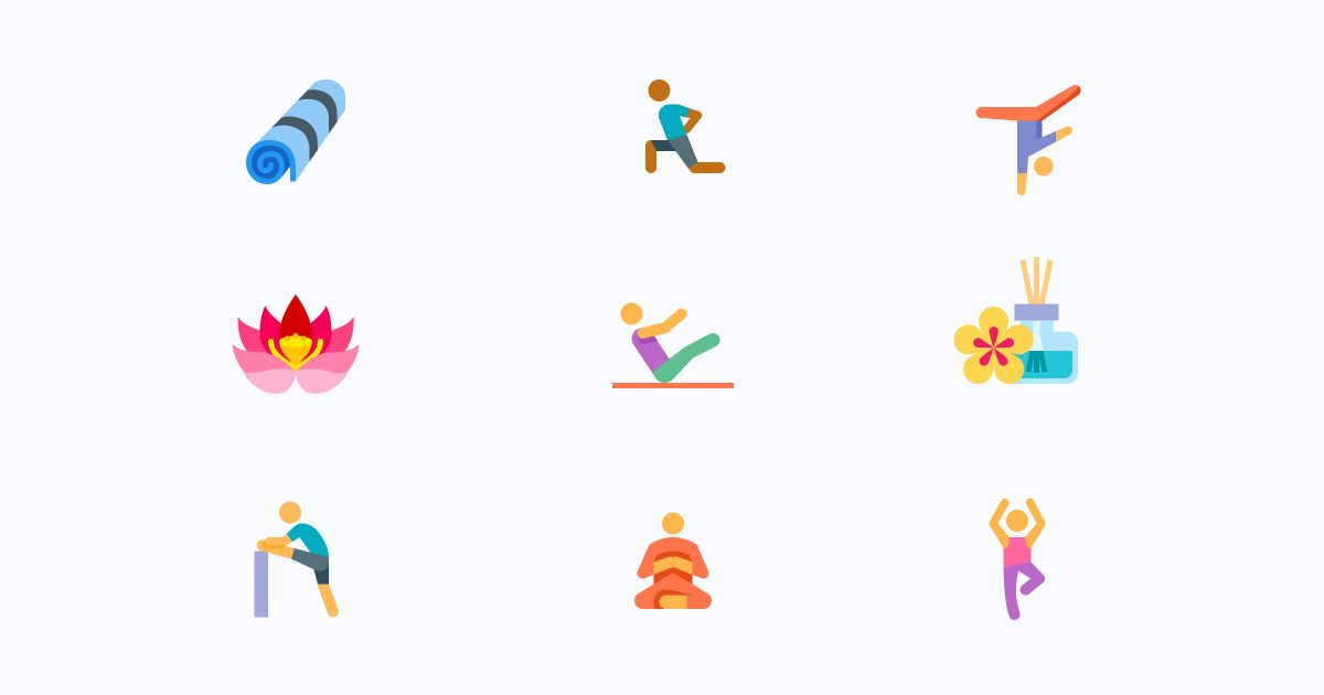 Get calm: enjoy the graphic set for the Yoga And Meditation day. Yoga and Meditation icons in the Color style