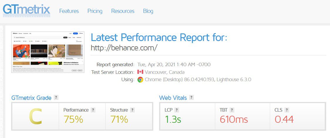 DIY UX audit: how to conduct one on your website to improve user experience: A view of a Gtmetrix performance report