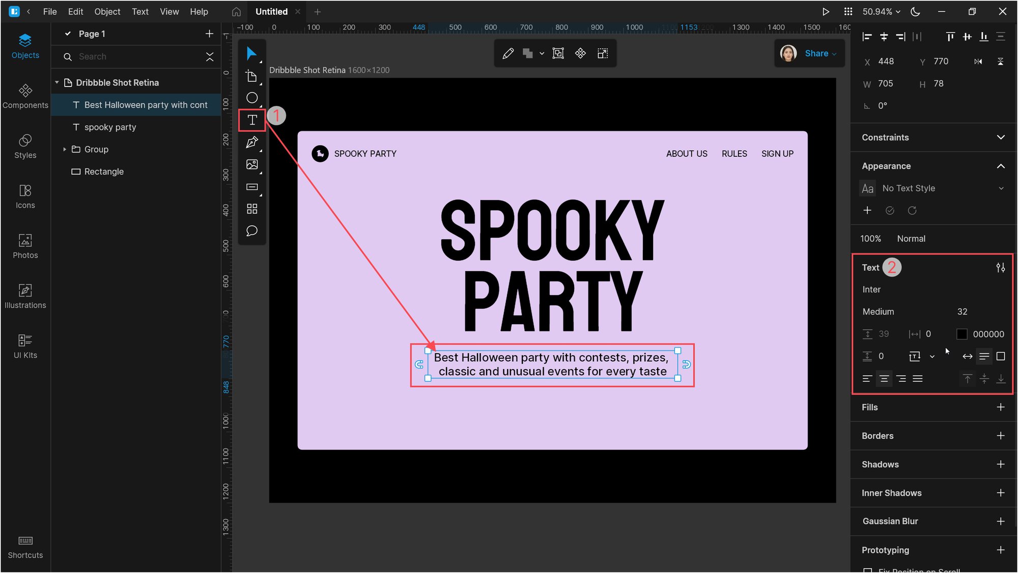 Designing a Halloween landing page with 3D illustrations: Add another text block below: Inter Medium, 32px, align center.