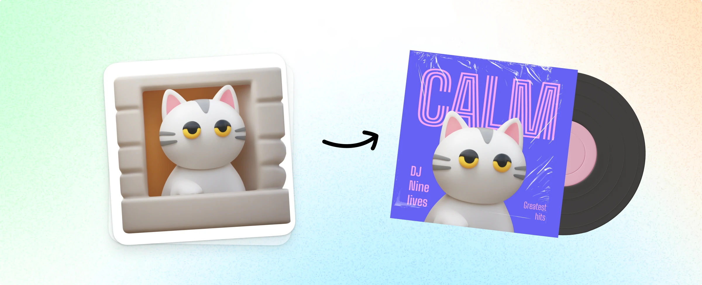 Vinyl record cover design concept with 3D Fluency generated cool cat