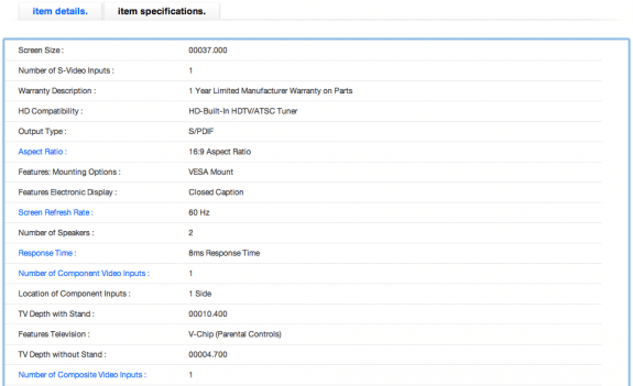 Target Item Specifications