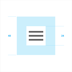 Clearance area. Icon: 24dp Touch target on both: 48dp. Image credit: Material Design