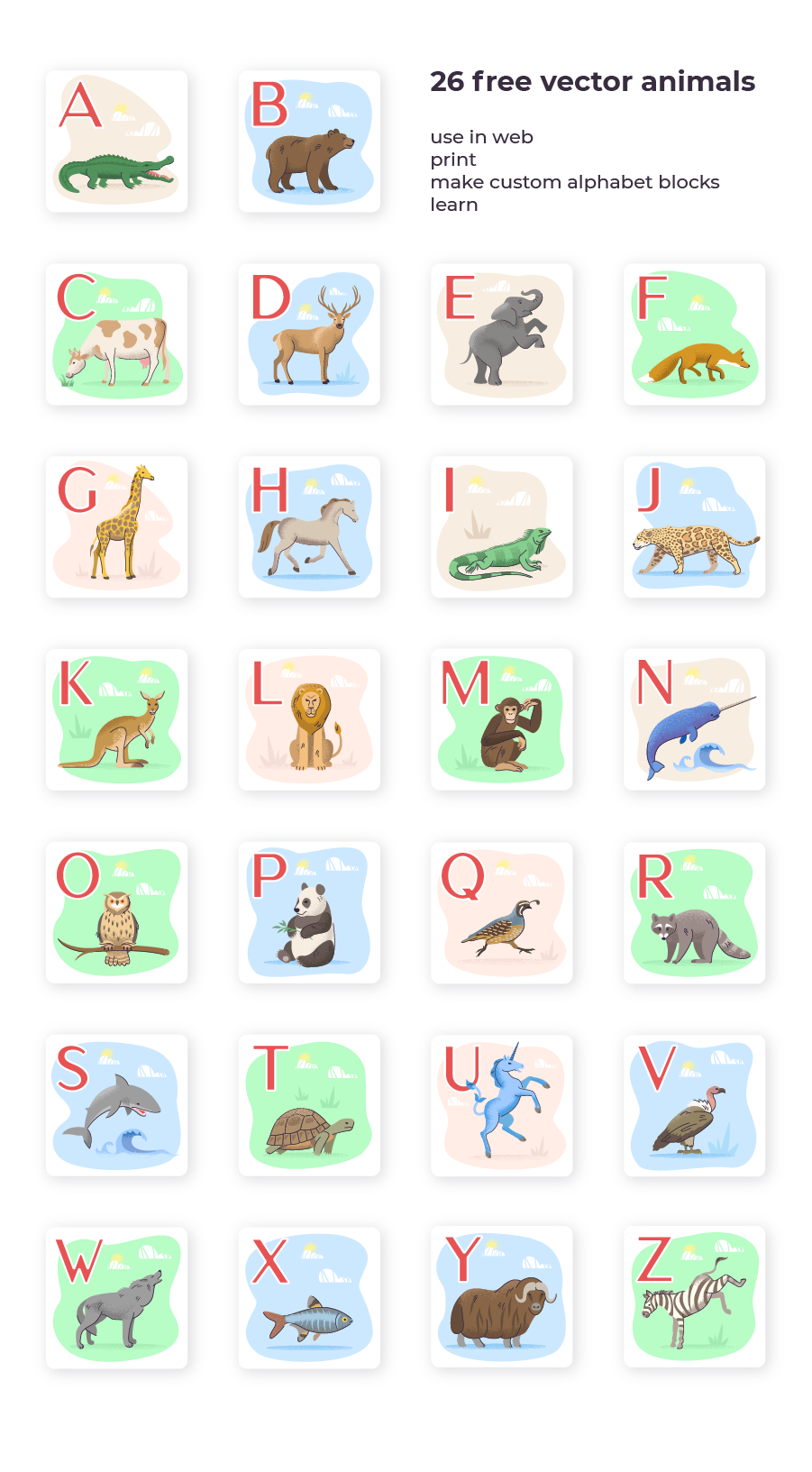 animal abc cards vector freebie